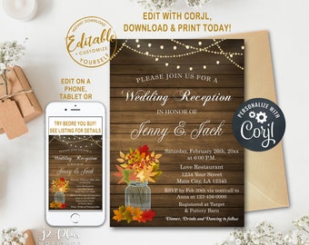 INSTANT DOWNLOAD Corjl Wedding Reception Invitation, Rustic Autumn Leaves Mason Jar Wedding Reception Invitations, DIY Editable Invites