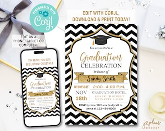 INSTANT DOWNLOAD Corjl Graduation Invitation Gold Graduation Invitations Party Template Invites Printable DIY Editable Instant Download