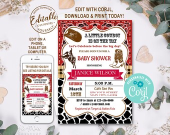 INSTANT DOWNLOAD Corjl Baby Shower Invitation, Cowboy Baby Shower Invitations Instant Dowload, Cowgirl Party Invites Printable, DIY Editable