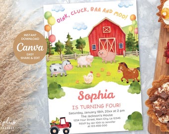 Farm Animals Birthday Invitation, Girls Farm Birthday Celebration, Farm Birthday Party Invite, Easy Editable Canva Template Digital Download