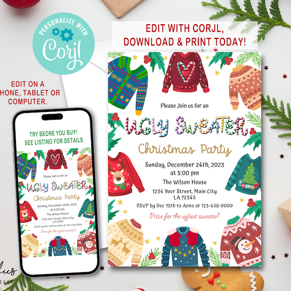INSTANT DOWNLOAD Corjl Ugly Sweater invitation Christmas Party Invitation Ugly Christmas Invitations Instant Download Invite Editable