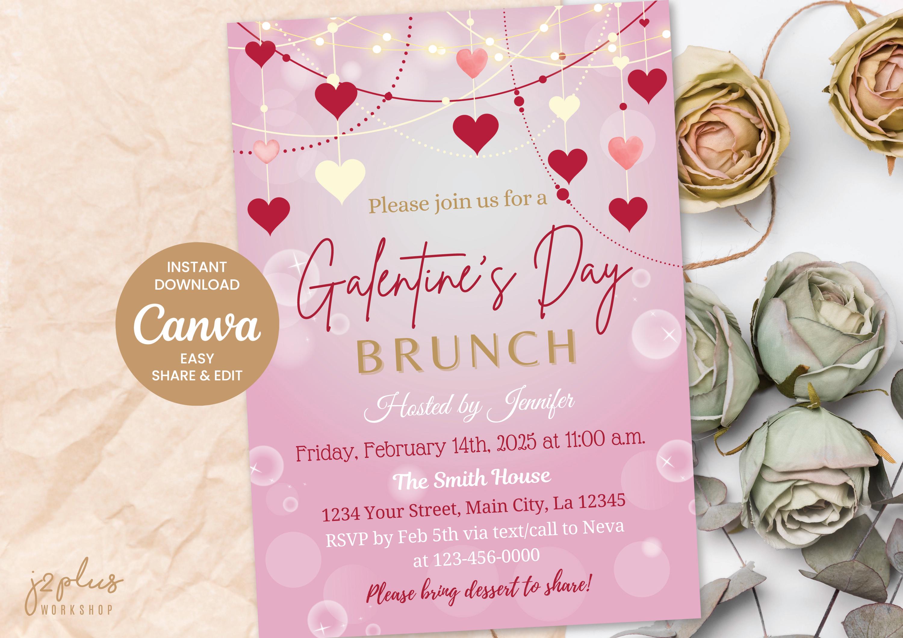 SOFORTIGER DOWNLOAD Canva Herz Galentines Tag animierte Einladung, Galentines Tagesbrunch-Einladungen, Party einladen Karte bearbeitbar