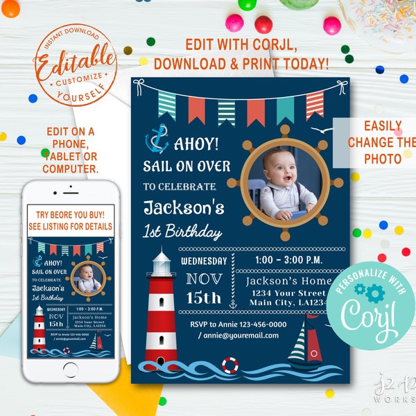 INSTANT DOWNLOAD Corjl Photo Birthday Invitation Nautical Birthday Invitations Printable Sailing Party Invites Instant Download DIY Editable