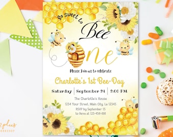 Honey Bee Birthday Invitation Bumble Bee Birthday, First Bee-Day Birthday, Sweet to Bee One, Easy Editable Canva Template Digital Download