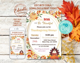 INSTANT DOWNLOAD Corjl Thanksgiving Invitation, Thanksgiving Party, Thanksgiving Invitations Instant Download, Invite Printable DIY Editable