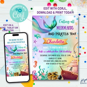 INSTANT DOWNLOAD Corjl Mermaid and Pirate Birthday Party Invitation Mermaid and Pirate Party Mermaid and Pirate Invitations Invite Editable