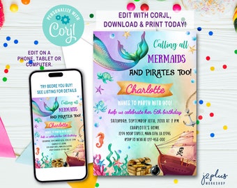 INSTANT DOWNLOAD Corjl Mermaid and Pirate Birthday Party Invitation Mermaid and Pirate Party Mermaid and Pirate Invitations Invite Editable