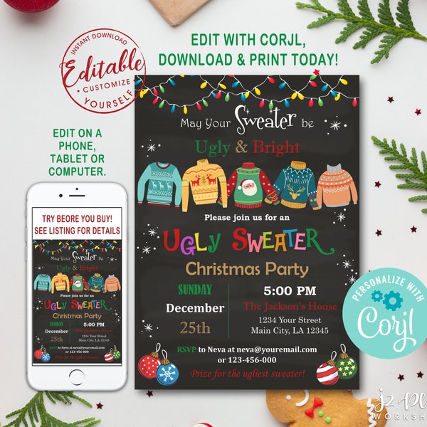 INSTANT DOWNLOAD Corjl Ugly Sweater invitation Christmas Party Invitation Ugly Christmas Invitations Instant Download Invite Editable