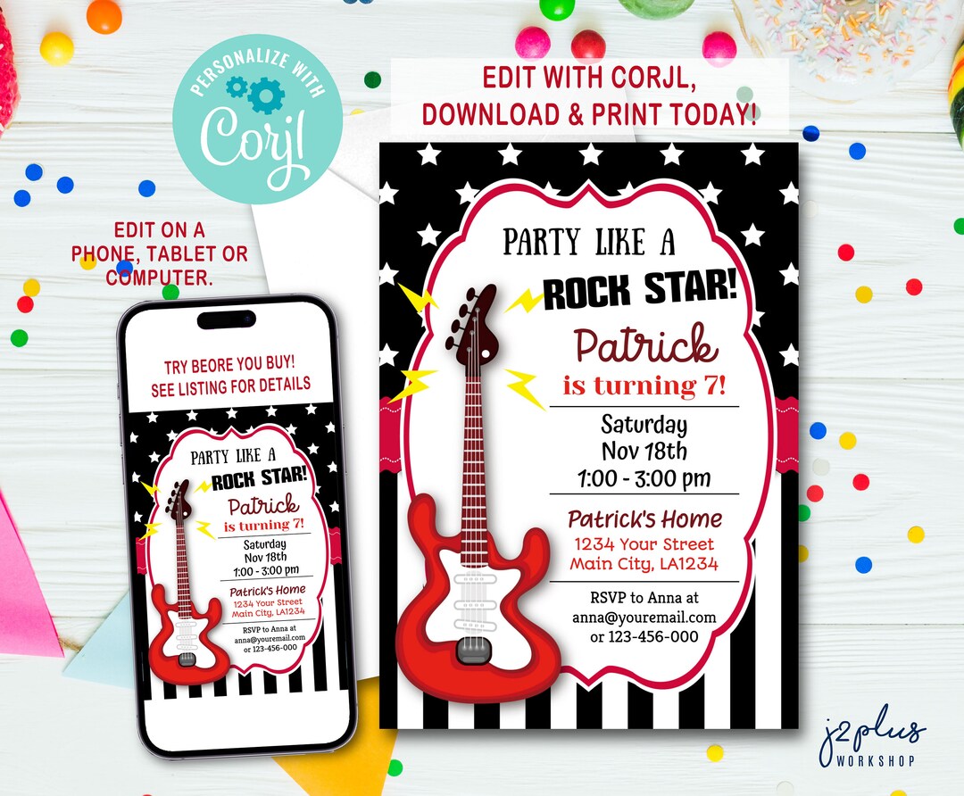 INSTANT DOWNLOAD Corjl Birthday Invitation, Rock Star Birthday ...