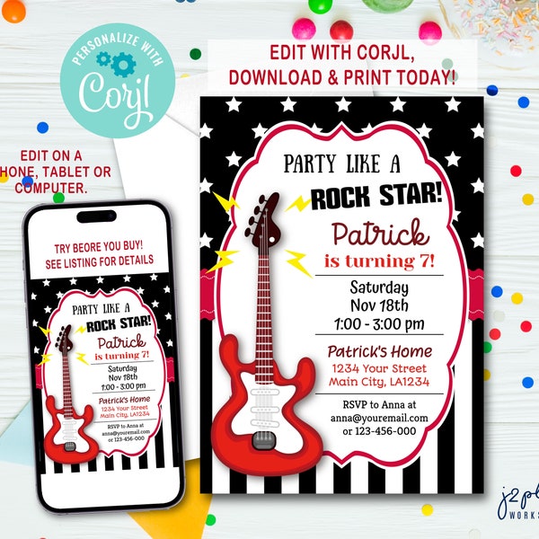 INSTANT DOWNLOAD Corjl Birthday Invitation, Rock Star Birthday Invitations Printable, Music Party Invites, Instant download, DIY Editable