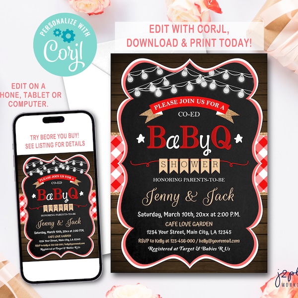 INSTANT DOWNLOAD Corjl Rustic Co-ed Baby Shower BBQ Baby-Q BabyQ Shower Invitation Couple Baby Shower Invitation Baby-Q BabyQ Invite