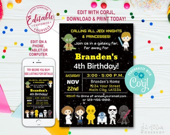 INSTANT DOWNLOAD Corjl Star Wars Birthday Invitation Card, Star Wars Birthday Party Invitations, Star Wars Invitation, Invites, DIY Editable