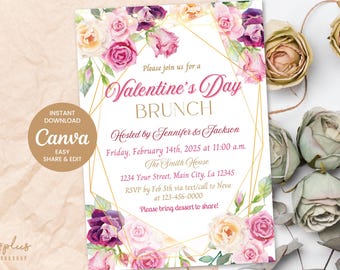 SOFORTIGER DOWNLOAD Canva Floral Valentinstag animierte einladen, Valentinstag Party Einladungen Brunch, einladen DIY bearbeitbar