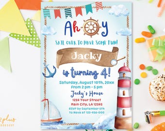 Ahoy Nautical Kids Birthday Invitation, Ahoy Sail Over Celebration, Ocean Birthday Party, Easy Editable Canva Template Digital Download