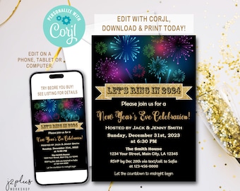 INSTANT DOWNLOAD Corjl New Years Eve Invitation New Years Eve Party Invitation New Year Invitations New Year's Eve Invite Editable Template