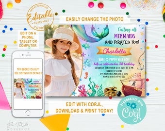 INSTANT DOWNLOAD Corjl Photo Mermaid and Pirate Birthday Party Invitation Mermaid and Pirate Party Mermaid and Pirate Invitations Invite