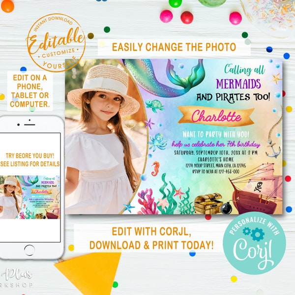 INSTANT DOWNLOAD Corjl Photo Mermaid and Pirate Birthday Party Invitation Mermaid and Pirate Party Mermaid and Pirate Invitations Invite