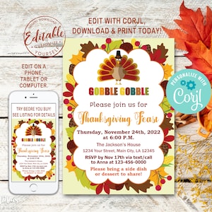 INSTANT DOWNLOAD Corjl Thanksgiving Invitation, Thanksgiving Party, Thanksgiving Invitations Instant Download, Invite Printable DIY Editable