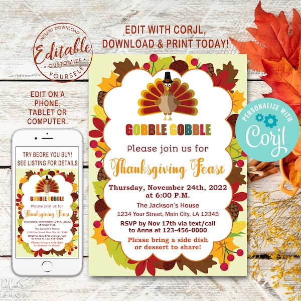 INSTANT DOWNLOAD Corjl Thanksgiving Invitation, Thanksgiving Party, Thanksgiving Invitations Instant Download, Invite Printable DIY Editable