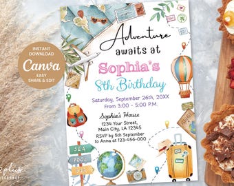 Puede incluir: Una invitación de cumpleaños con temática de viajes con el texto "Adventure awaits at Sophia's 8th Birthday". El diseño incluye un mapa del mundo, un avión, un globo aerostático, una maleta y otros elementos de viaje. La invitación es personalizable con Canva.