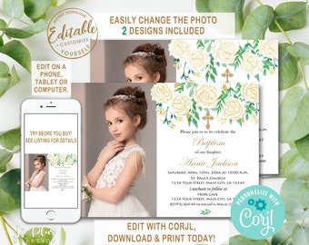 INSTANT DOWNLOAD Corjl Photo Girl Baptism Invitation Girl First Holy Communion Christening Baby Dedication Invitation Girl Editable Template