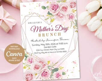 Floral & Heart Mother's Day Invitation, Mother's Day Celebration, Mother's Day Brunch Party, Easy Editable Canva Template Digital Download