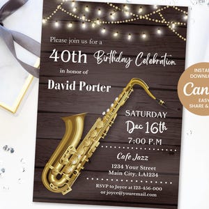 Animated Saxophone Birthday Invitation: Animated Music Theme (Canva Editable, Digital Download)