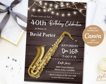 SOFORTIGER DOWNLOAD Canva Saxophon Geburtstag für Erwachsene, animierte Einladung für Männer, Musik-Geburtstagseinladungen für Erwachsene, Einladungen, bearbeitbare Vorlage