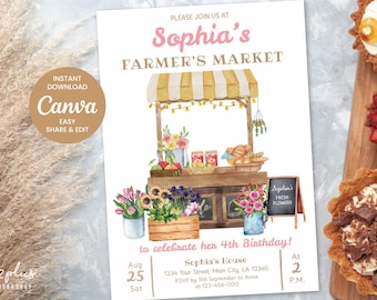 SOFORTIGER DOWNLOAD Canva Farmers Markt Geburtstagseinladung, Land Blumenmarkt Bauernhof Mädchen Geburtstag einladen, Instant Download DIY bearbeitbar