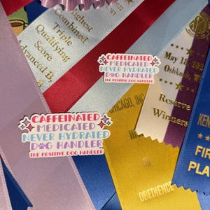 May include: An assortment of colorful dog show ribbons in various colors, including pink, blue, and gold. Two stickers with the text "CAFFEINATED MEDICATED NEVER HYDRATED DOG HANDLER" are visible. The ribbons have gold text.