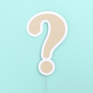 May include: A tan question mark cutout with a white border, mounted on a clear plastic stick, against a light blue background. The question mark is a common symbol used to represent questions or uncertainty.