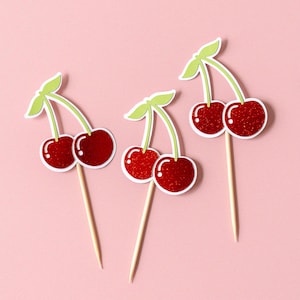 Cherry Cupcake Toppers | She&#39;s the Cherry On Top Party Decor | Cherry 1st Birthday Party Theme | Fruity Party Decor