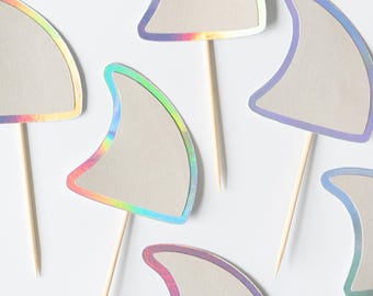Shark Fin Cupcake Toppers: Holographic Ocean Party Decor
