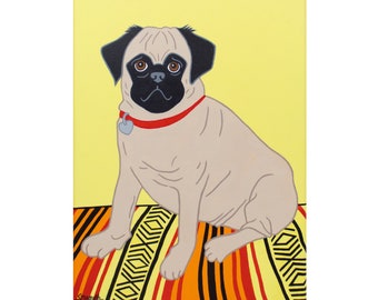 May include: A beige pug with black ears and a black nose sits on a colorful rug. The pug is wearing a red collar with a silver heart tag.