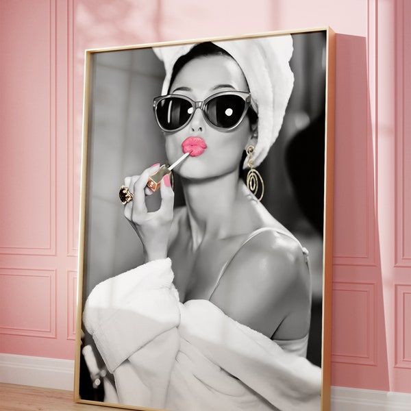 Girls night in Audrey Hepburn classic fashion baby PINK  LIPS print lipgloss print, salon bedroom print home decor, Girls bedroom print