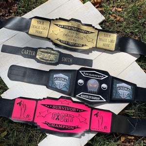 May include: Three black wrestling championship belts with gold and pink accents. The belts have different designs, including a ghost, a building, and a star. The belts are labelled "Long Island PVP Elite", "Sinister Cup Champion", "Survivor Fight Champion", and "The Silk League Arena".
