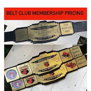 May include: Two black belts with gold buckles and stars. The top belt has the text "YOUR TEXT HERE", "YOUR IMAGE/LOGO HERE", and "YOUR TEXT HERE". The bottom belt has the text "HONOLULU BULLS", "TONE SETTER", "COACH'S AWARD", and "HAWAII YOUTH SOCCER ASSOCIATION".