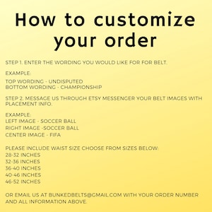 May include: A yellow background with black text explaining how to customise a belt order. The text includes instructions for entering wording, sending images, and choosing a waist size. The text also includes an email address for contacting the seller.