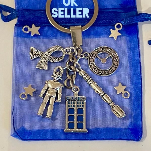 DOCTOR WHO Gift Dr Who 5 Charm Quality Keychain Keyring Tardis, Sonic Screwdriver, Scarf, Cyberman & Clock WHOVIAN Gift