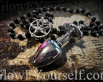 Black and silver Stainless Steel Rosary Butt Plug! Light up the whole church with this tool of devotion! gay bondage 666 Metal bdsm MATURE