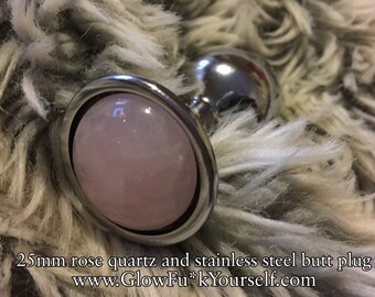 25mm Rose Quartz Butt Plug - small stainless steel, crystal healing bdsm adult  toy mature