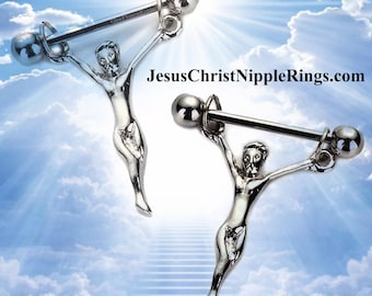 Jesus Christ Nipple Rings: Stainless Steel Barbells, 14G SALVATION! Show him off like God intended when he hatched him from that Easter Egg!