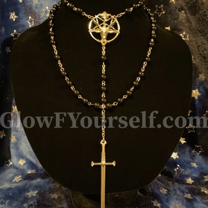 Sword and Baphomet rosary, in black and silver or glow in the dark, hail Satan!