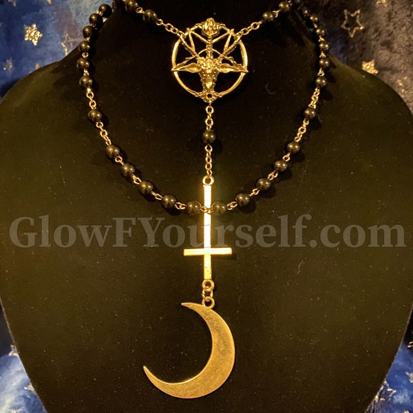 Inverted Cross & Moon Rosary: Custom Satanic Necklace