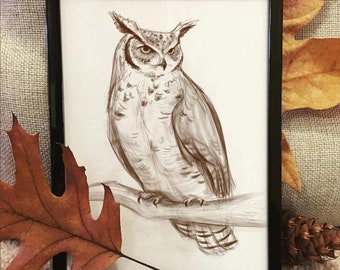 Owl Wall Art, Great Horned Owl, Printable Art, Oregon Wildlife, Owl Drawing, Woodland