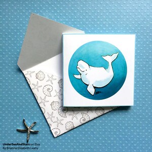 Imprimible, Ballena Beluga, Tarjeta & Conjunto de Sobres, Bonita, Instantánea 3x3 " Tarjeta, Arte, Tema Del Océano