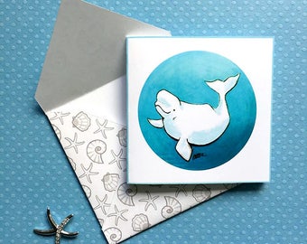 Printable, Beluga Whale, Card & Envelope Set, Cute, Instant 3x3" Card, Art, Ocean Themed
