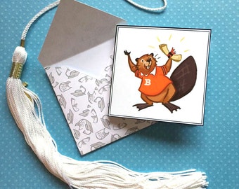 Printable Beaver Graduation Card & Envelope Set, Cute, Instant 3x3" Card, Art