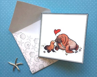 Printable Walrus Card & Envelope Set, Cute animal card, Instant 3x3" Card, Art, Ocean Themed Valentine
