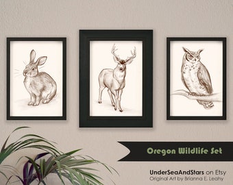 Oregon Wildlife Art, Set of 3 Prints, Printable art, Deer Art, Rabbit Art, Owl Art, Illustration, Woodland,  Set of 3 Wall Art